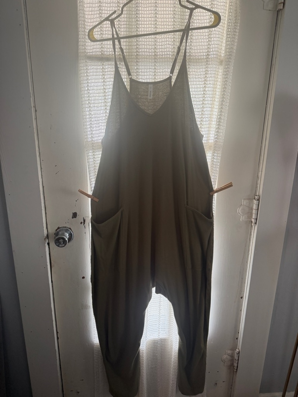 Wishlist Olive Green Spaghetti-Strap Relaxed Jumpsuit with Pockets - Size L.